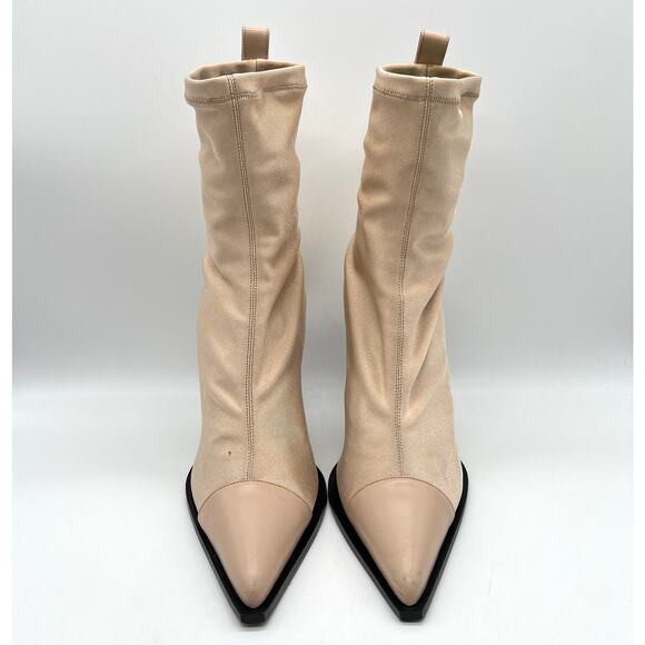 AMIRI Sock Bootie Stiletto Heel Womens 10.5 Tan Neoprene Pointed Leather Cap Toe - Picture 2 of 16